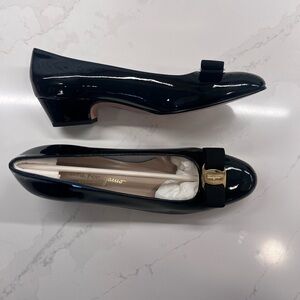 Salvatore Ferragamo Black Patent Leather Bow Flats